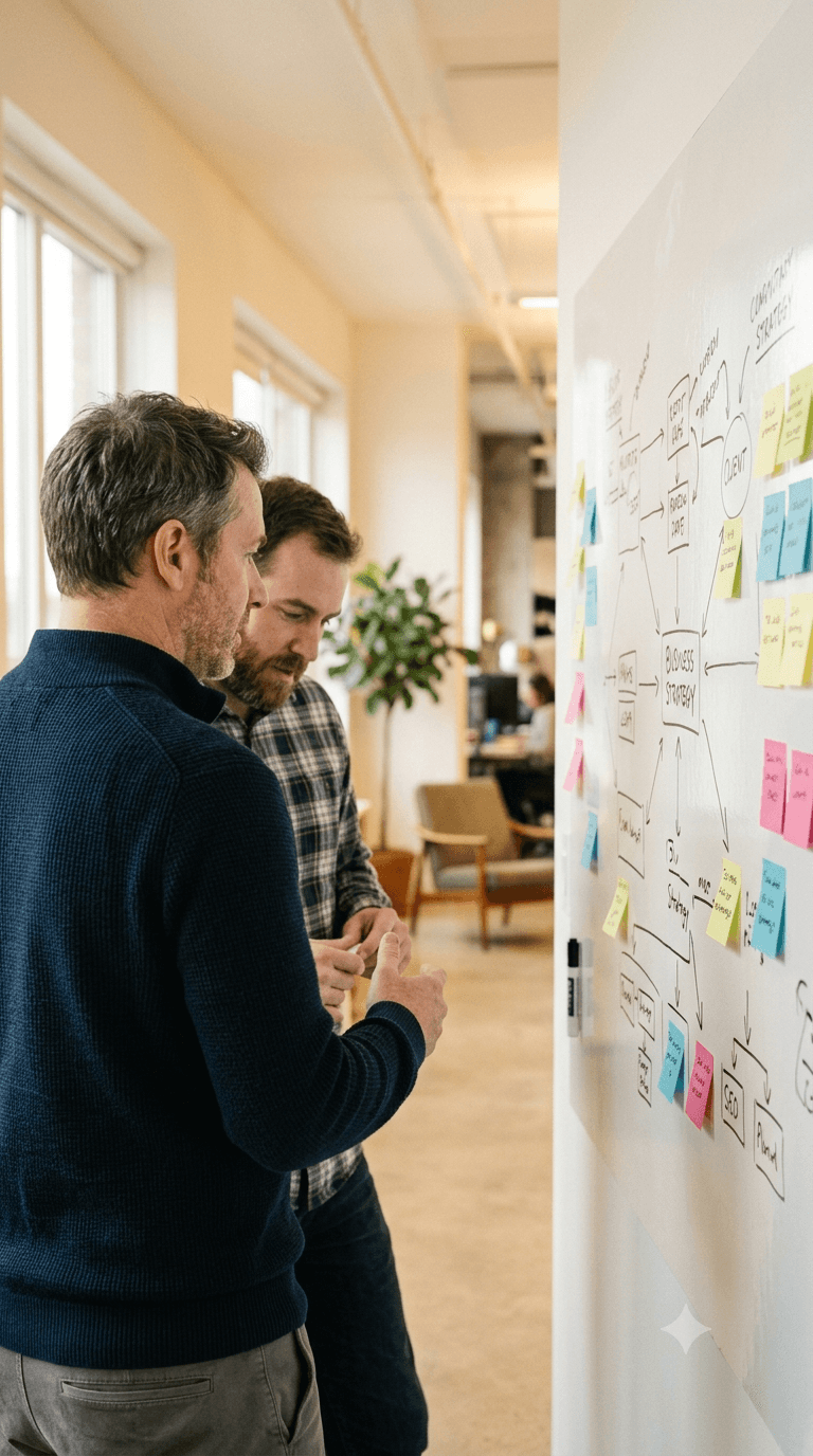A mentor and client reviewing a strategy mapped out on a whiteboard